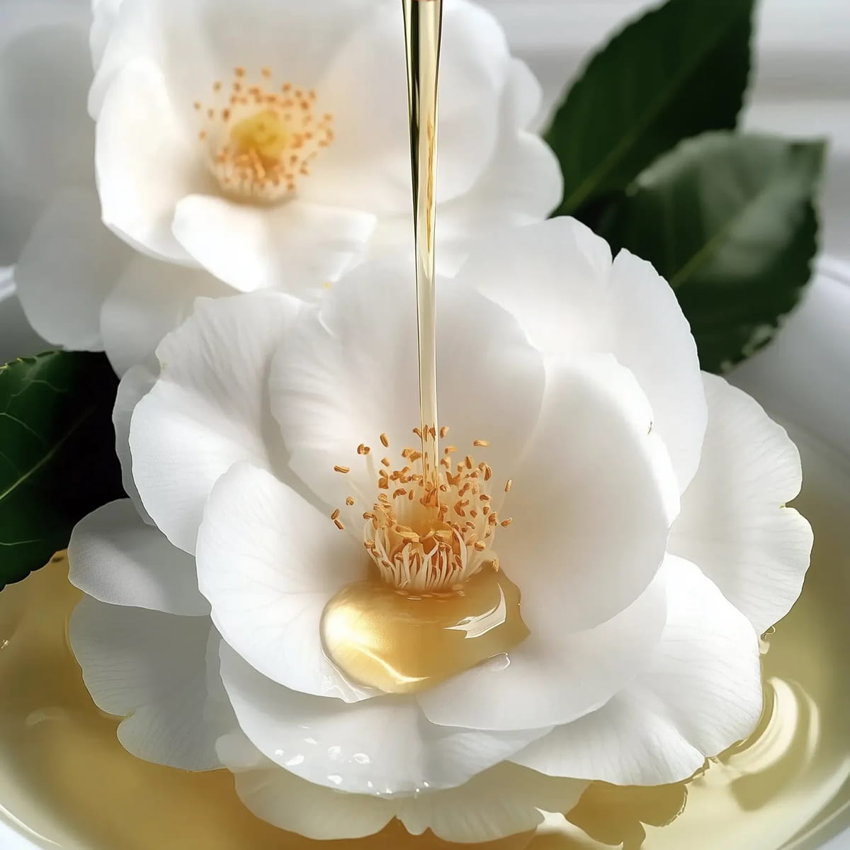 Leonor Greyl Magnolia Beauty Oil shown being drizzled over magnolia flower