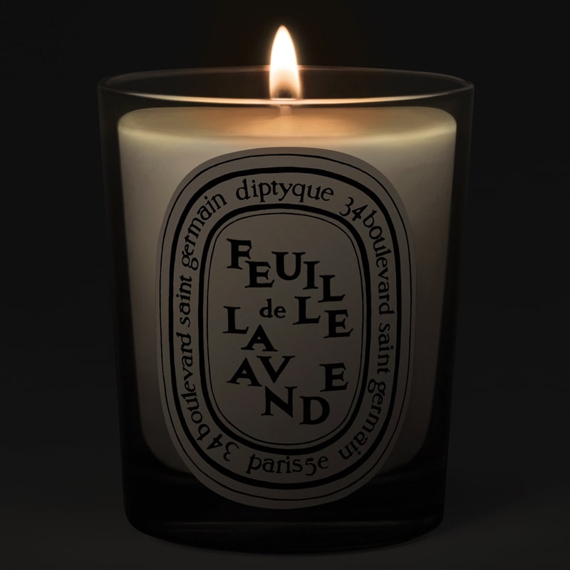 Diptyque Feuille de Lavande (Lavender Leaf) Candle - lit candle shown