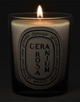 Diptyque Geranium Rosa Candle - candle shown lit