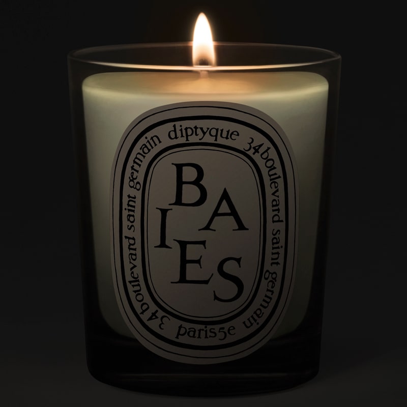 Diptyque Baies (Berries and Bulgarian Roses) Candle - lit candle shown