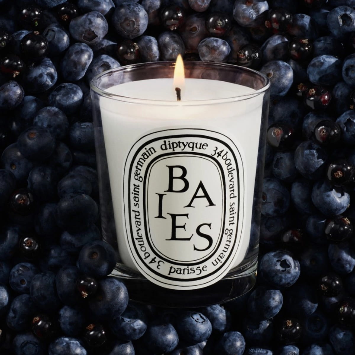 Diptyque Baies (Berries and Bulgarian Roses) Candle (190 g) - product shown on top of blueberries.