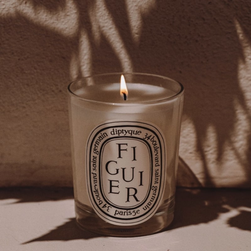 Diptyque Figuier (Fig) Candle - life style of lit candle outside
