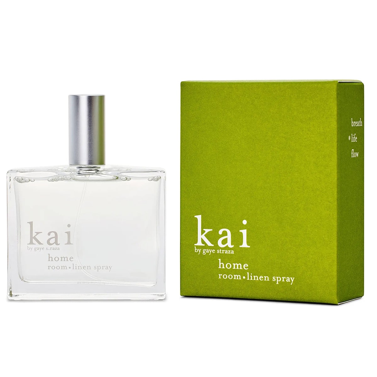 Kai Fragrance Home Room & Linen Spray (100 ml) and green packaging on a white background