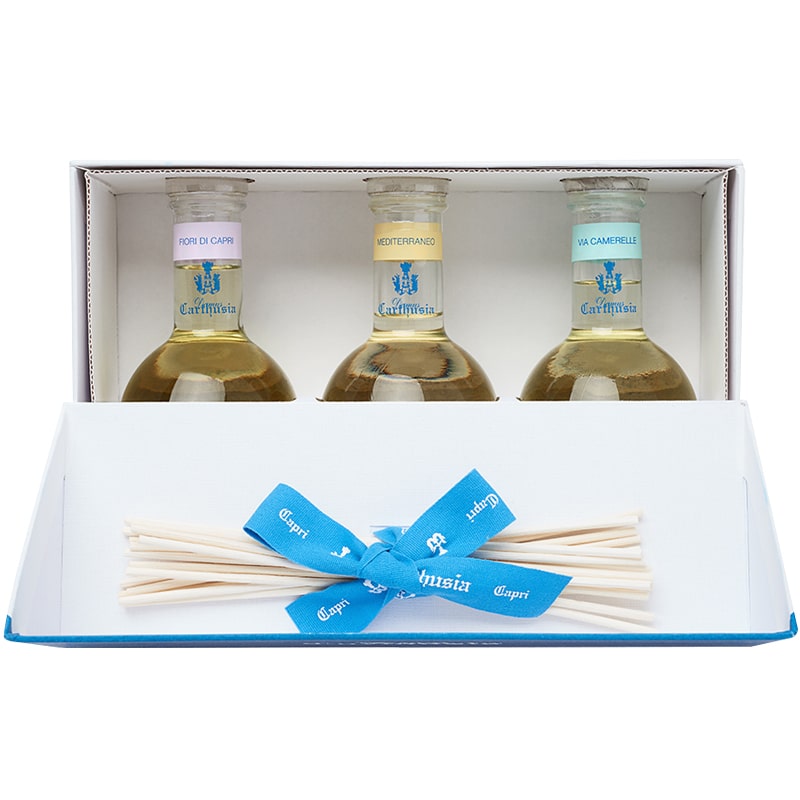 Carthusia Fragrance Diffuser Trio (3 x 100 ml) inside box and showing diffuser sticks with Carthusia bow box
