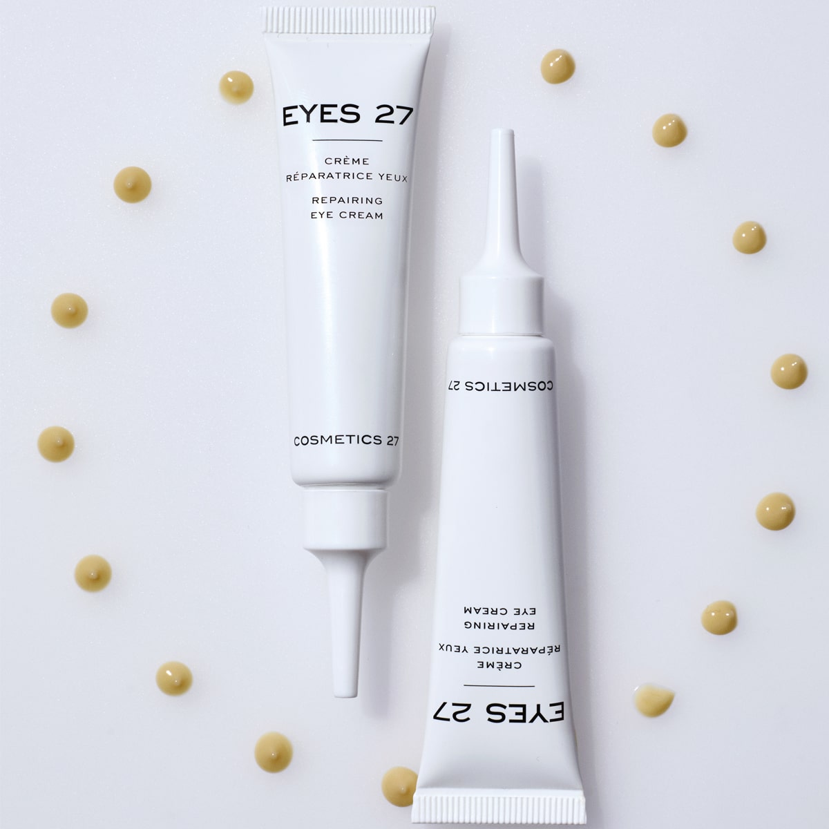 Cosmetics 27 Eyes 27 Bio-Restructuring Repairing Eye Cream (15 ml) -product shown with a circle of swatches. 