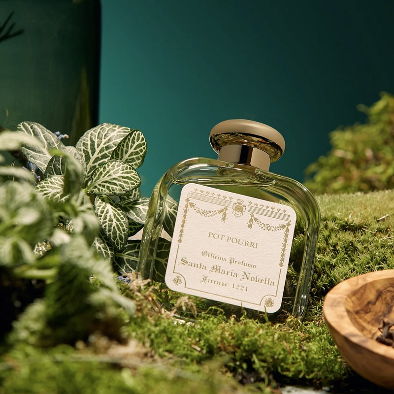 Lifestyle shot of Santa Maria Novella Pot Pourri Eau De Cologne (100 ml) with green leaves and moss