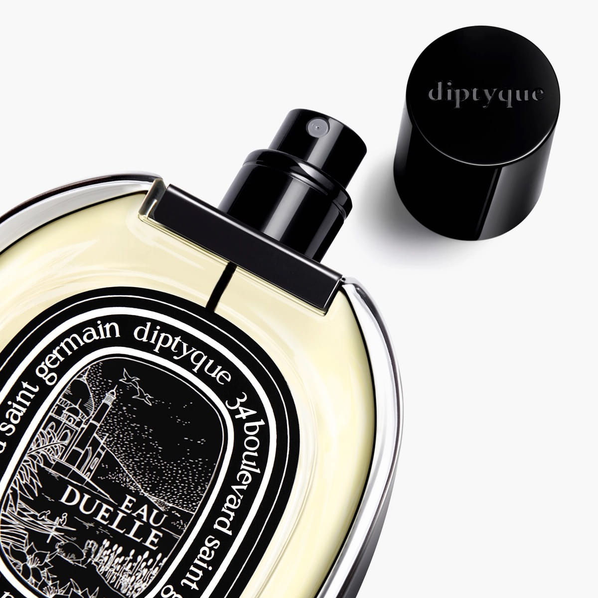 Diptyque Eau Duelle Eau de Parfum spray (75 ml) - product shown laying on side with lid off.