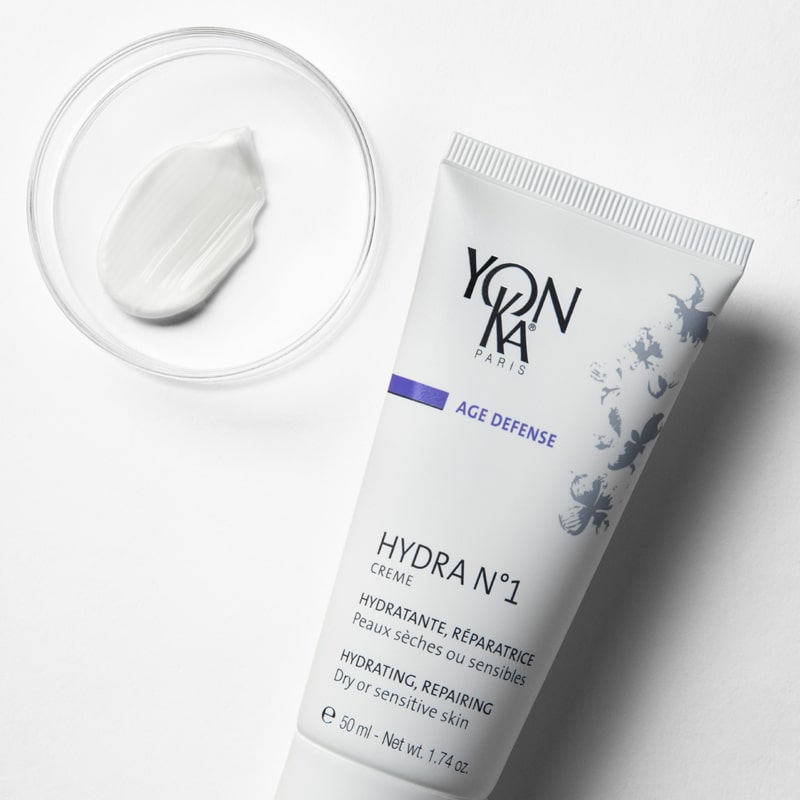 Yon-Ka Paris Hydra No. 1 Creme (50 ml) shown top view with product smear on clear dish to show color and texture