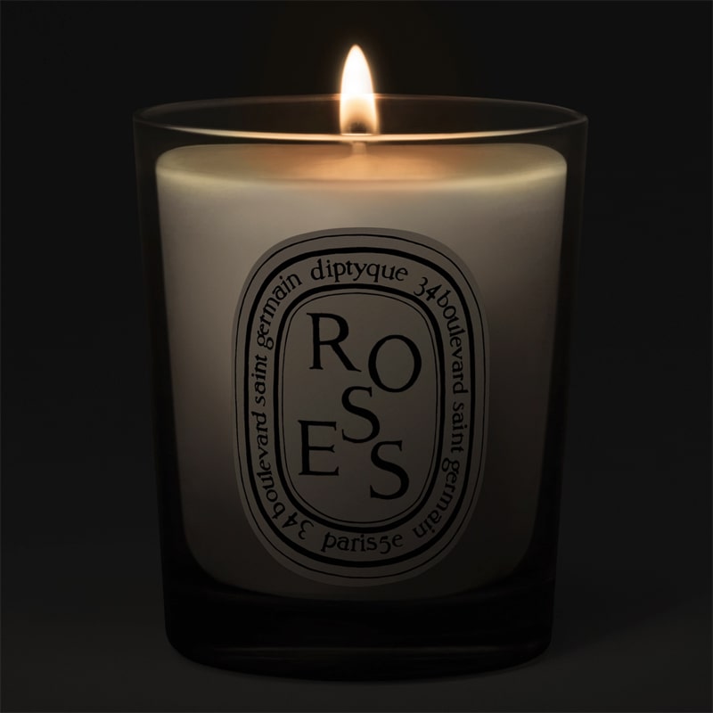 Diptyque Roses Candle - lit candle shown