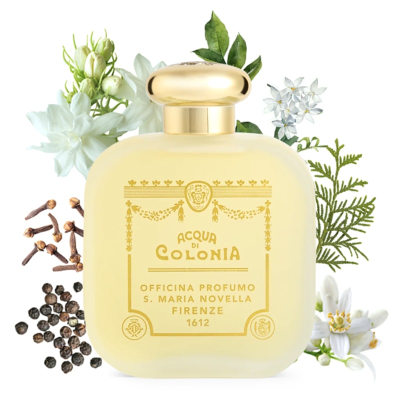 Santa Maria Novella Tuberose Cologne (100 ml) with illustration of flowers and ingredients in the background