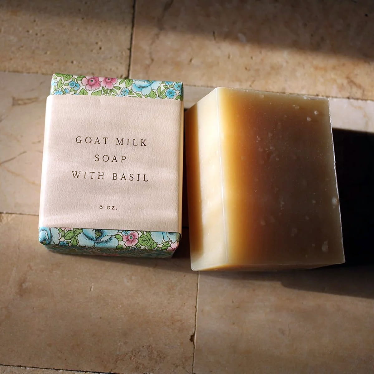 Saipua Soaps Goat Milk Soap with Basil (6 oz) shown wrapped and unwrapped