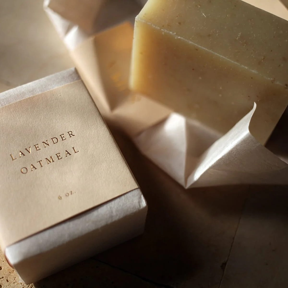 Saipua Soaps Lavender Oatmeal Soap (6 oz) shown wrapped and unwrapped