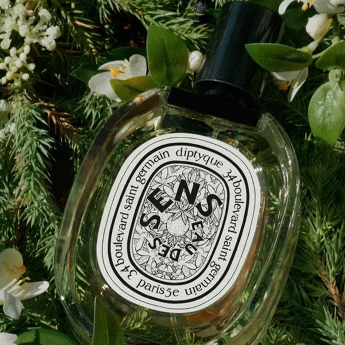 Diptyque Eau des Sens Eau de Toilette (100 ml)- product shown on flowers and leaves. 