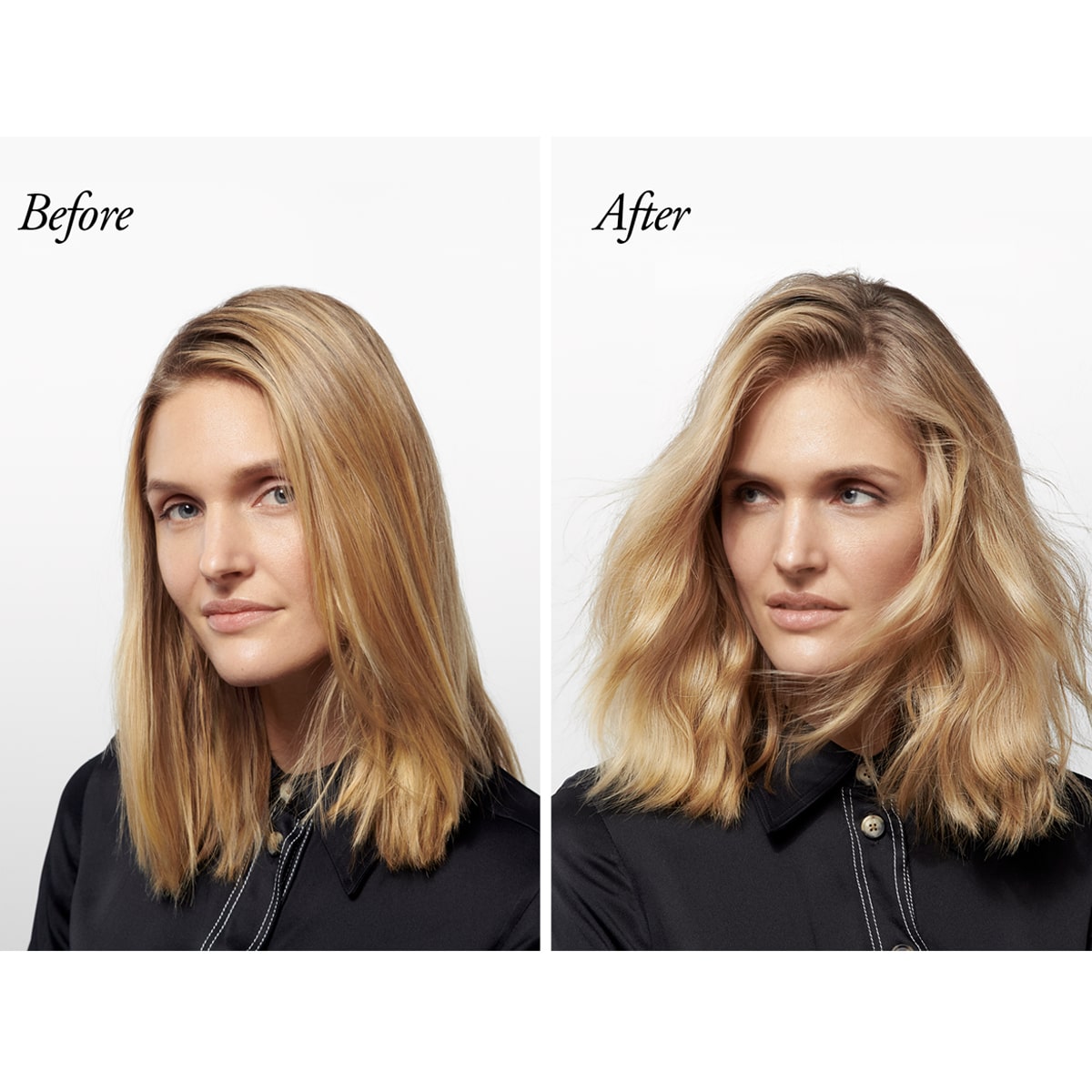 Model with mid-length blond hair shown before and after use of Oribe Dry Texturizing Spray 