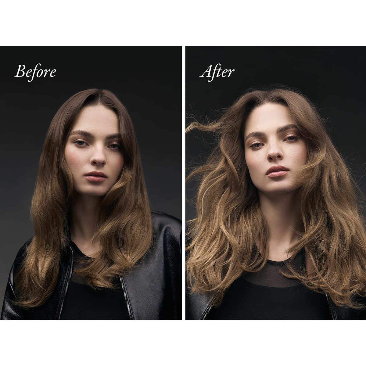Model with long brown hair shown before and after use of Oribe Dry Texturizing Spray 