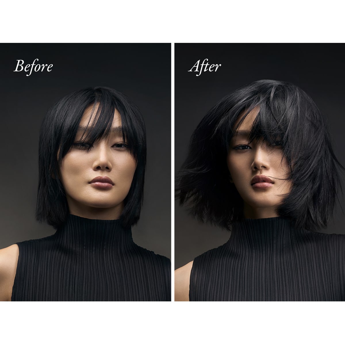 Model with short black hair shown before and after use of Oribe Dry Texturizing Spray