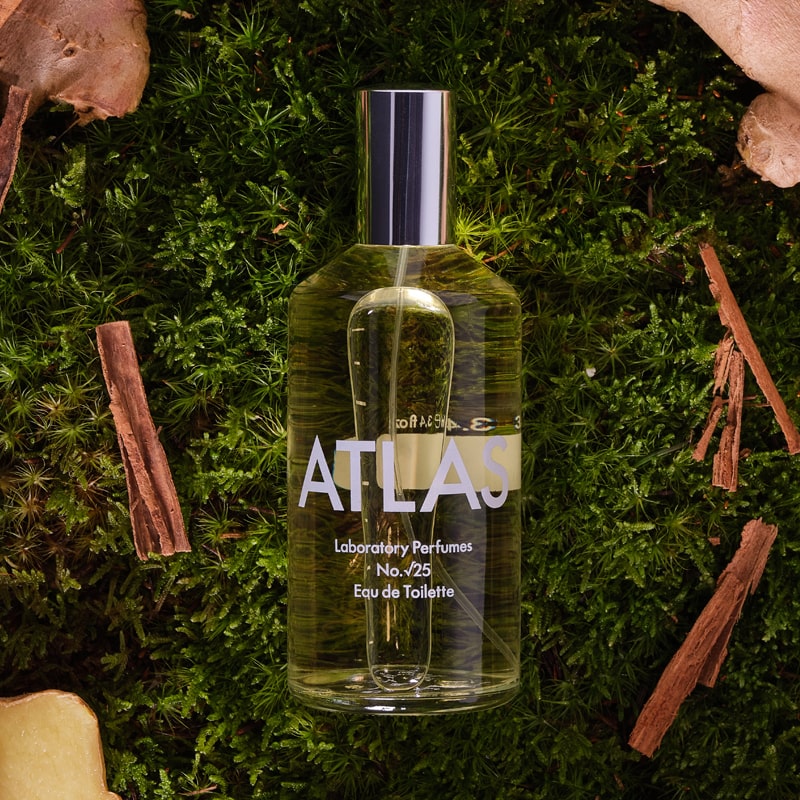 Lifestyle shot top view of Laboratory Perfumes Atlas Eau de Toilette on grass with cinnamon sticks and ginger root in the background