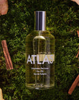 Lifestyle shot top view of Laboratory Perfumes Atlas Eau de Toilette on grass with cinnamon sticks and ginger root in the background