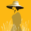 Illustration of woman in wheat field wearing a straw large brimmed hat