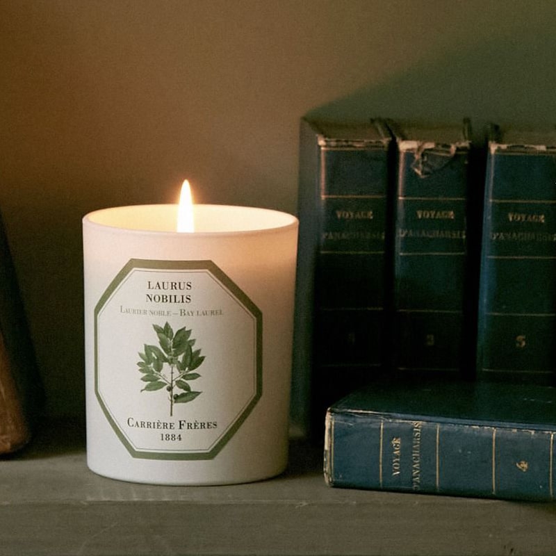 Lifestyle shot of Carriere Freres Bay Laurel Candle (185 g) shown lit on shelf with books beside it
