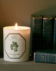 Lifestyle shot of Carriere Freres Bay Laurel Candle (185 g) shown lit on shelf with books beside it