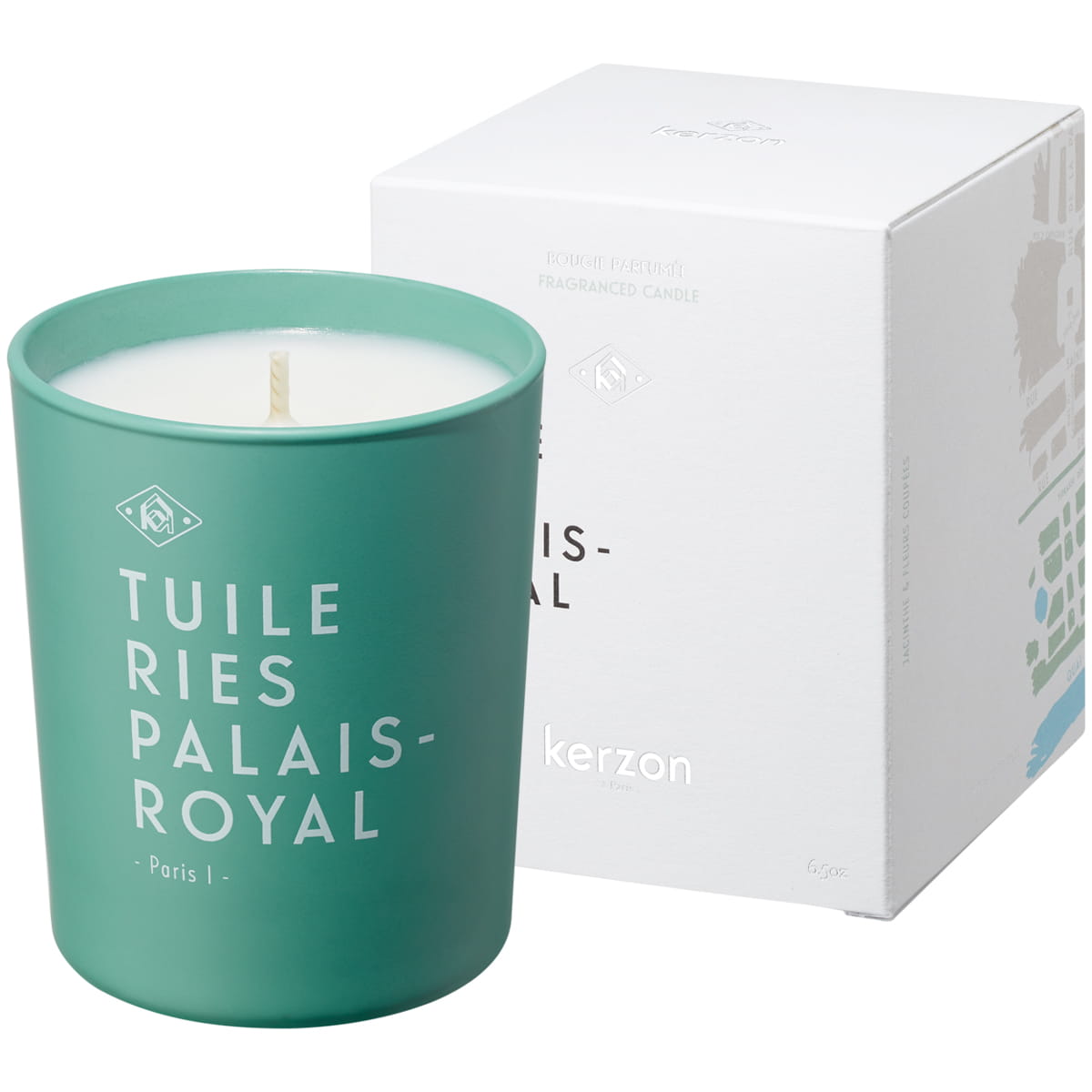 Kerzon Fragranced Candle - Tuileries Palais-Royal (190 g) - product shown next to packaging. 