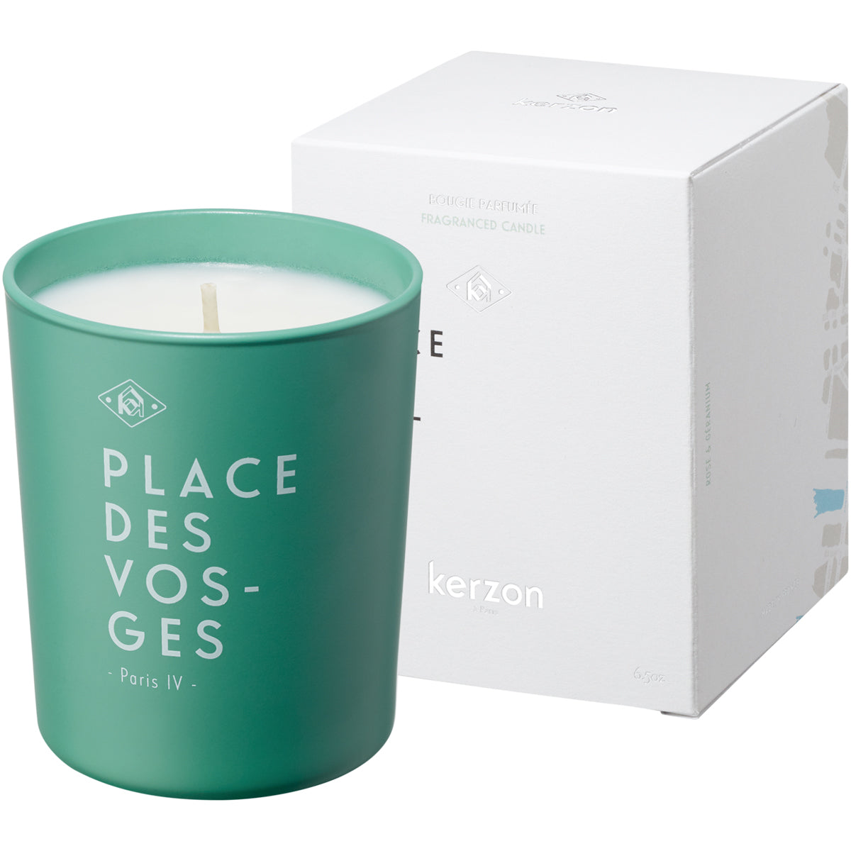 Kerzon Fragranced Candle - Place des Vosges (190 g) - product shown next to packaging. 