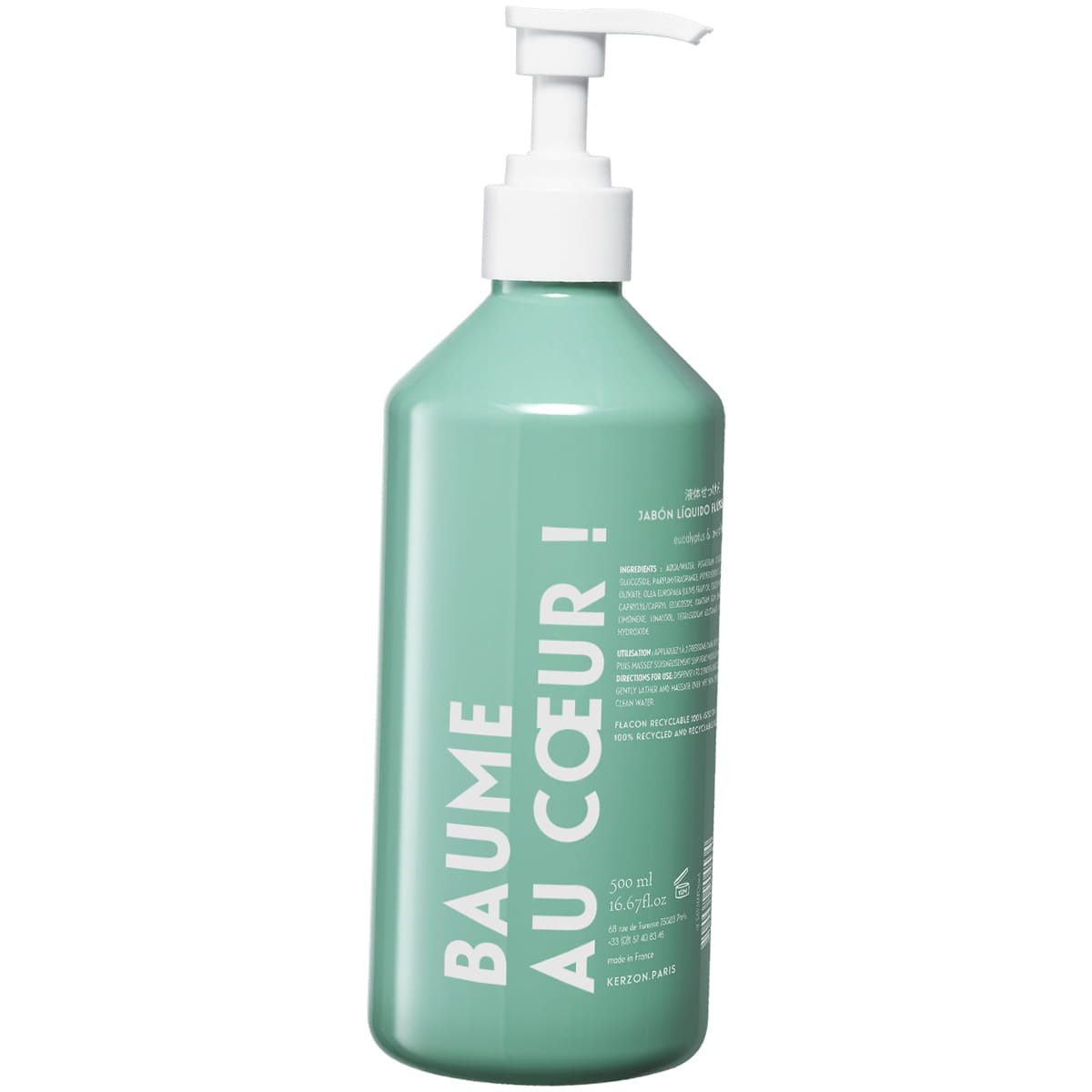 Kerzon Natural Liquid Soap - Feuille d'Eucalyptus (500 ml) - product shown from back. 