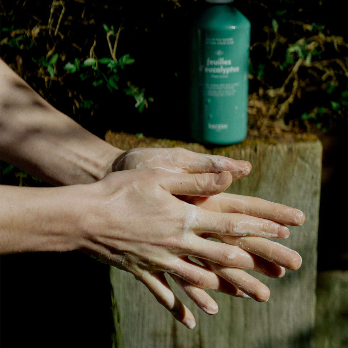 Kerzon Natural Liquid Soap - Feuille d'Eucalyptus (500 ml) - product shown being used and in background. 