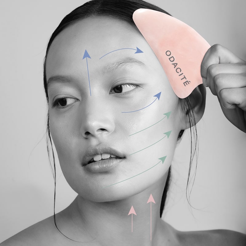 Diagram on face of model showing how to use the Odacite Crystal Contour Gua Sha Rose Quartz Beauty Tool (arrows showing direction of use and motion)