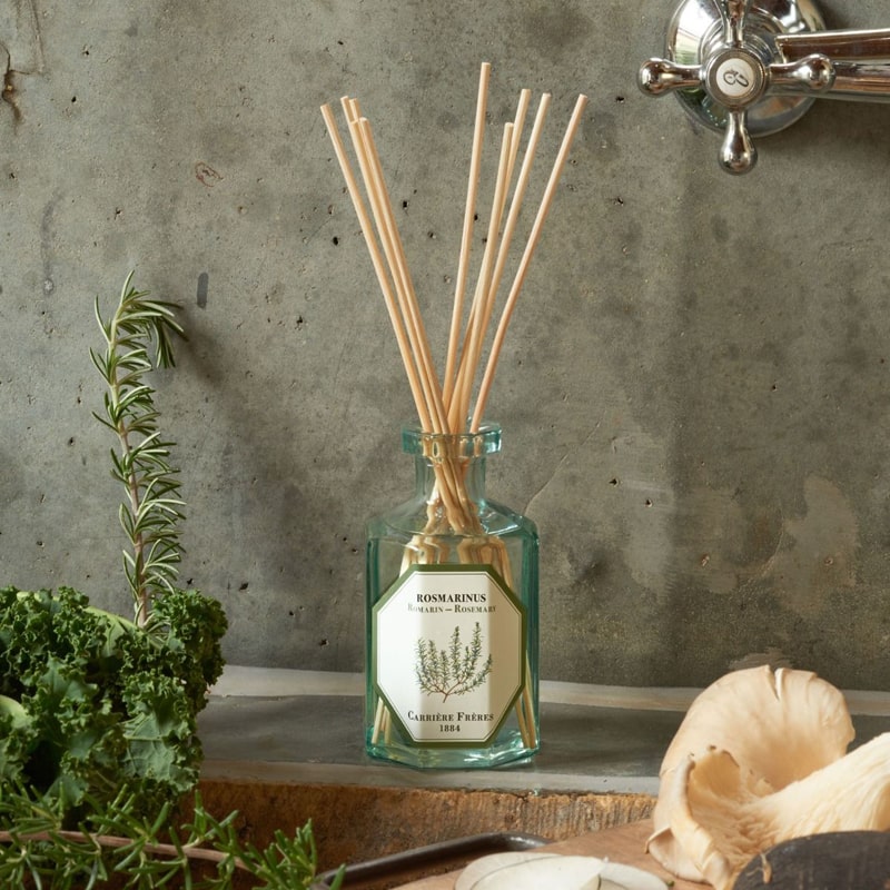 Lifestyle shot of Carriere Freres Rosemary Diffuser on rustic kitchen sink top