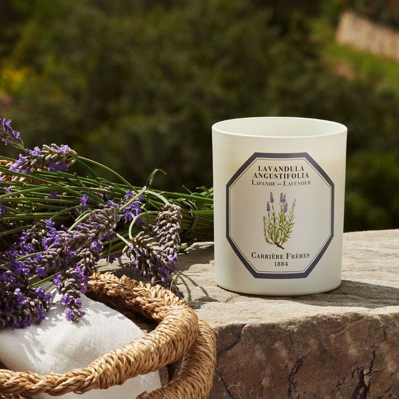 Lifestyle shot of Carriere Freres Lavender Candle (185 g) on stone wall with lavender bunch in the background