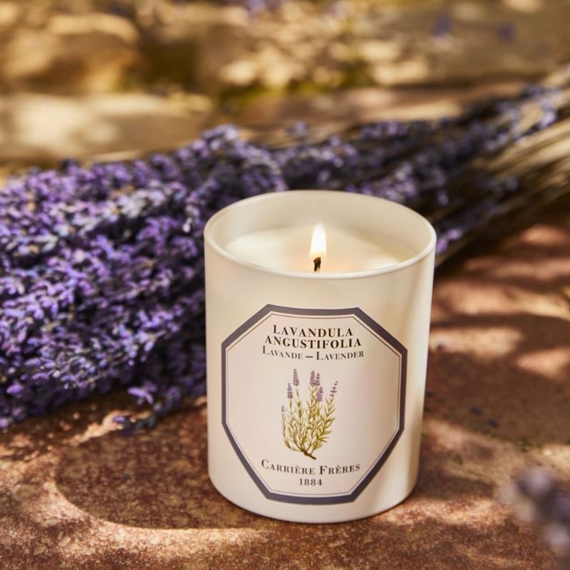 Lifestyle shot of Carriere Freres Lavender Candle (185 g) shown lit with lavender bunch in the background