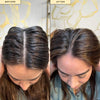 Before and after use of Innersense Organic Beauty Refresh Dry Shampoo shown on scalp of model