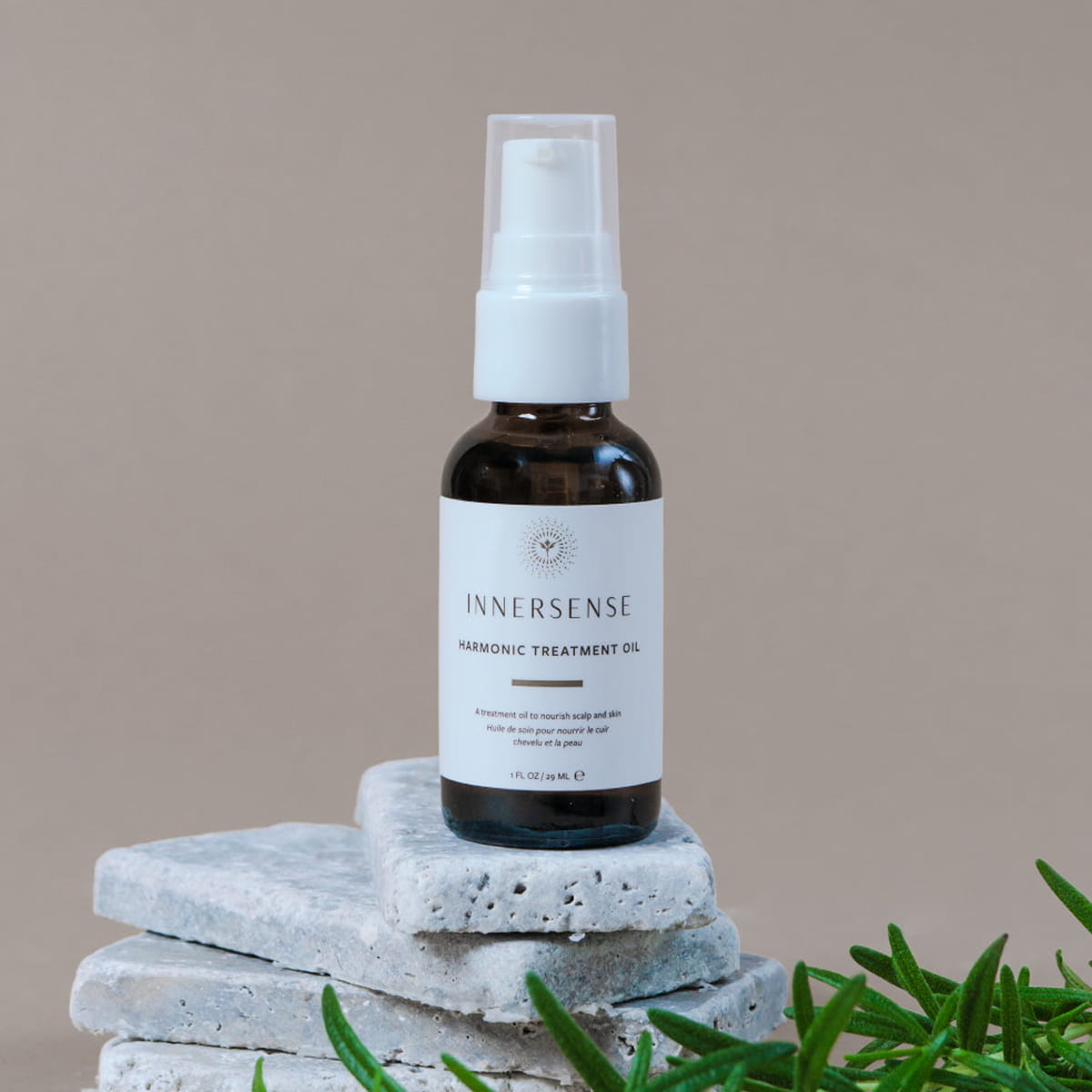 Innersense Organic Beauty Harmonic Treatment Oil 1 oz - product shown on rock. 