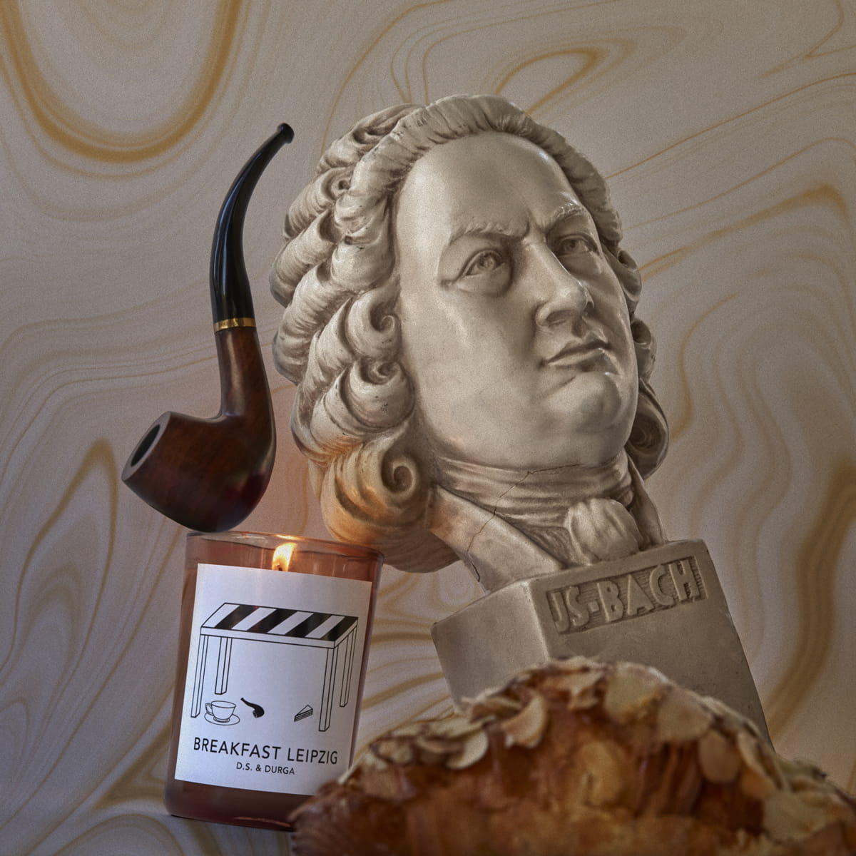 D.S. & Durga Breakfast Leipzig Candle (7 oz) - product shown with pipe and marble bust.