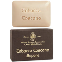 Santa Maria Novella Tabacco Toscano Soap (150 g) bar shown unwrapped and box