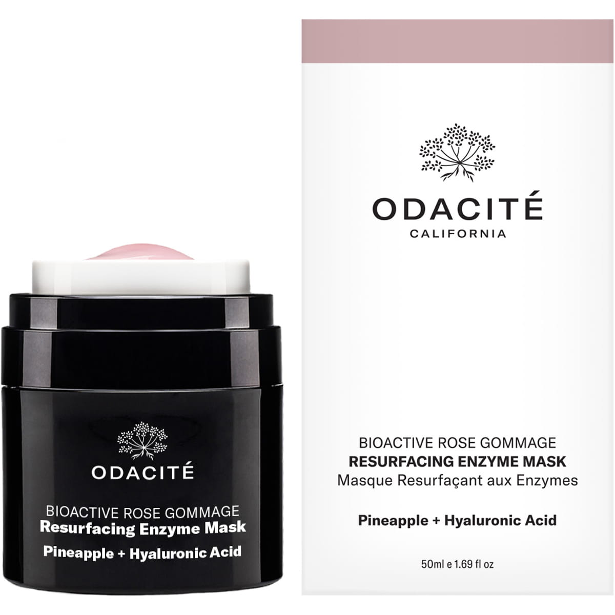 Odacite Bioactive Rose Gommage (50ml) shown with top off jar next to box