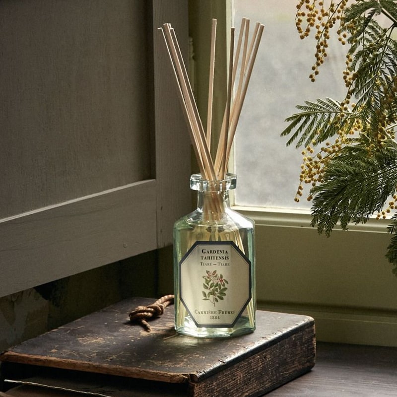 Lifestyle shot of Carriere Freres Tiare Diffuser with reeds (200 ml) sitting on book with window in the background