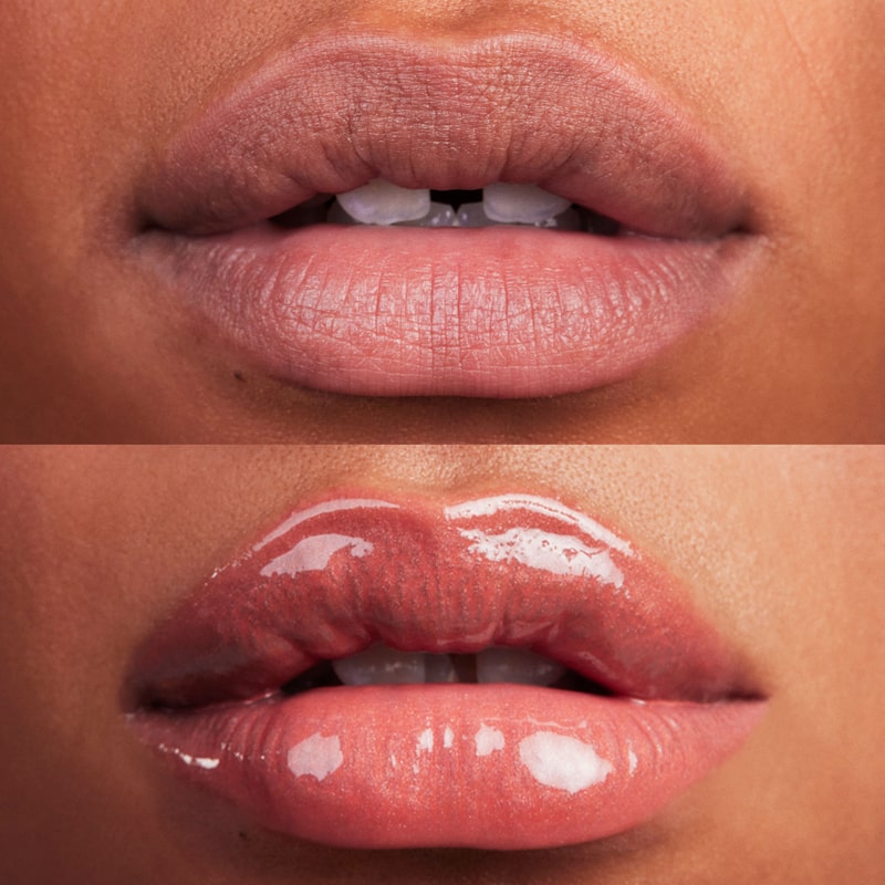 Kosas Cosmetics Wet Lip Oil Gloss - Dip shown on model with medium skin tone with and without the gloss