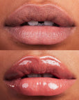 Kosas Cosmetics Wet Lip Oil Gloss - Dip shown on model with medium skin tone with and without the gloss