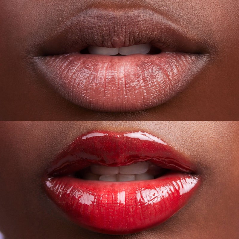 Kosas Cosmetics Wet Lip Oil Gloss - Jaws shown on model with medium skin tone with and without the gloss