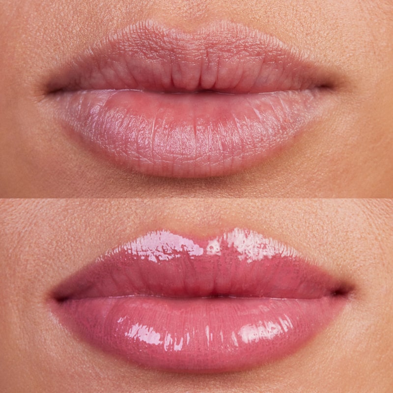 Kosas Cosmetics Wet Lip Oil Gloss - Malibu shown on model with medium skin tone with and without the gloss
