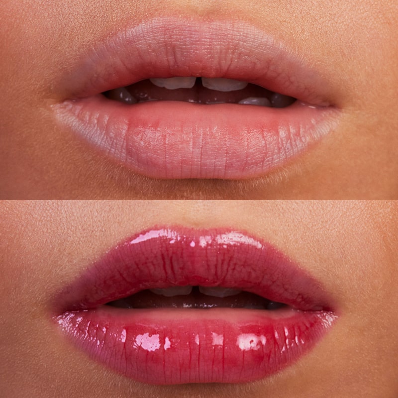 Kosas Cosmetics Wet Lip Oil Gloss - Fruitjuice shown on model with medium skin tone with and without the gloss
