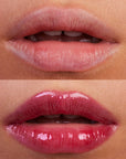 Kosas Cosmetics Wet Lip Oil Gloss - Fruitjuice shown on model with medium skin tone with and without the gloss