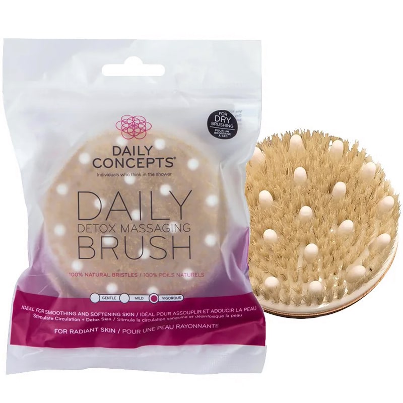 Daily Concepts Daily Detox Massaging Brush showing brush outside with packaging