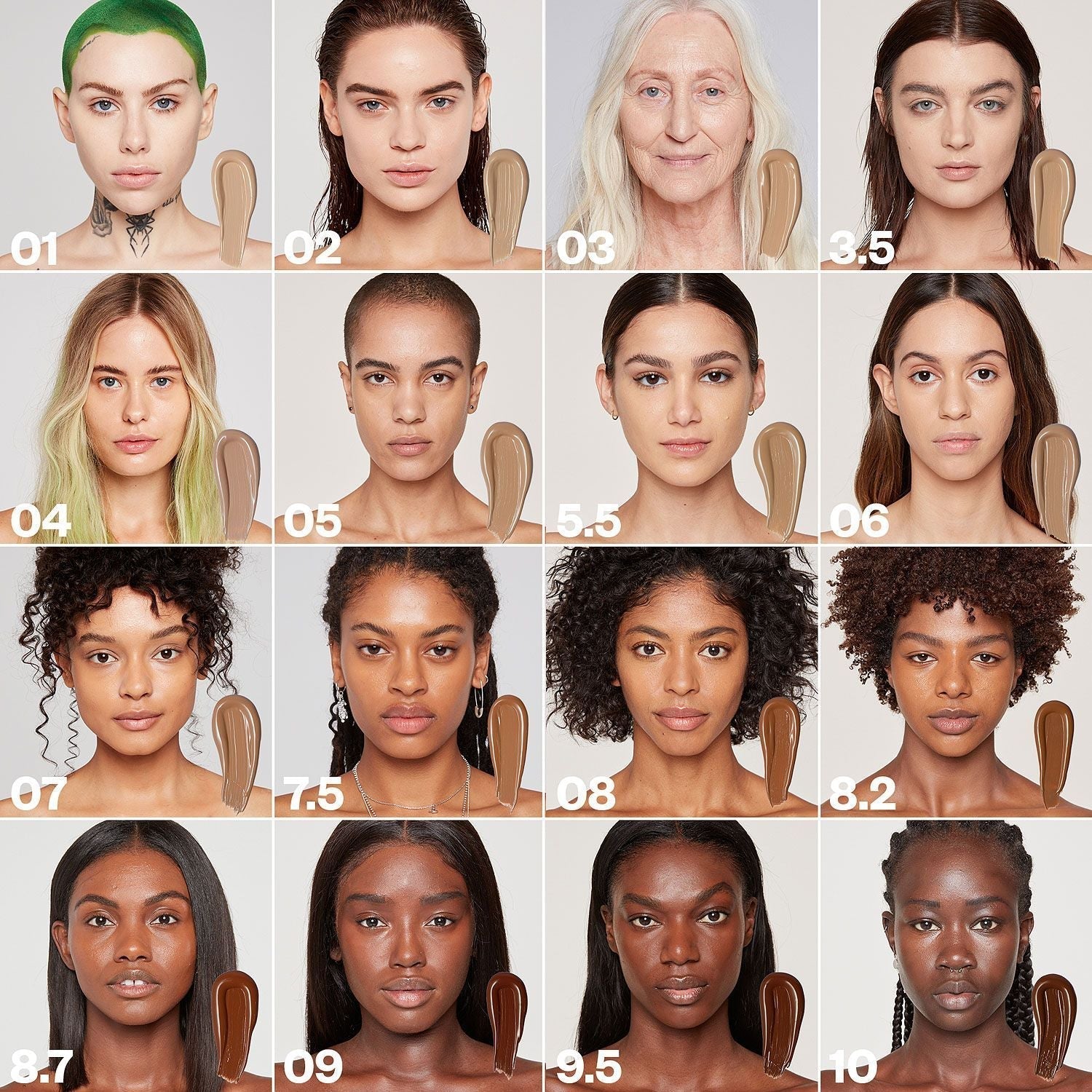 Kosas Cosmetics Revealer Concealer Super Creamy + Brightening Color Chart with colors on model faces