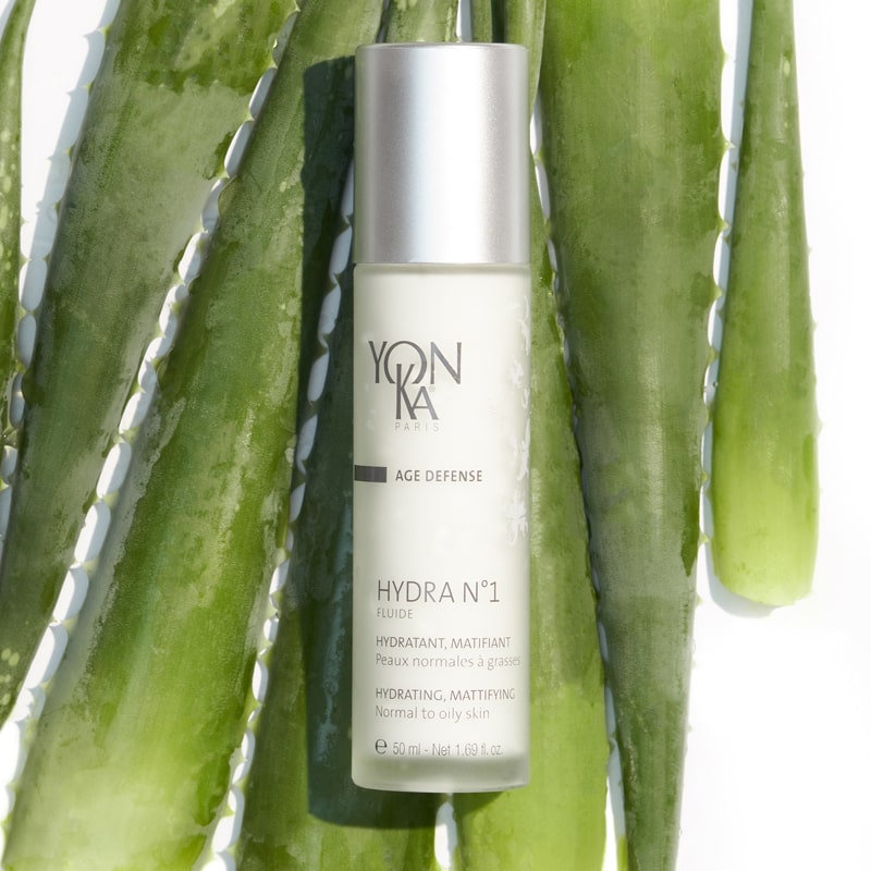 Yon-Ka Paris Hydra No. 1 Fluide (50 ml) shown top view with aloe vera in the background