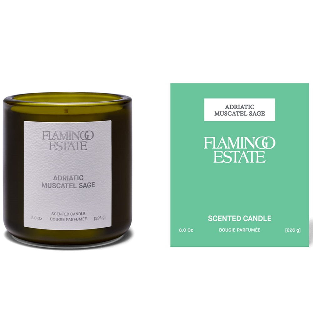 Flamingo Estate Adriatic Muscatel Sage Candle (226 g) - product shown next to packaging.
