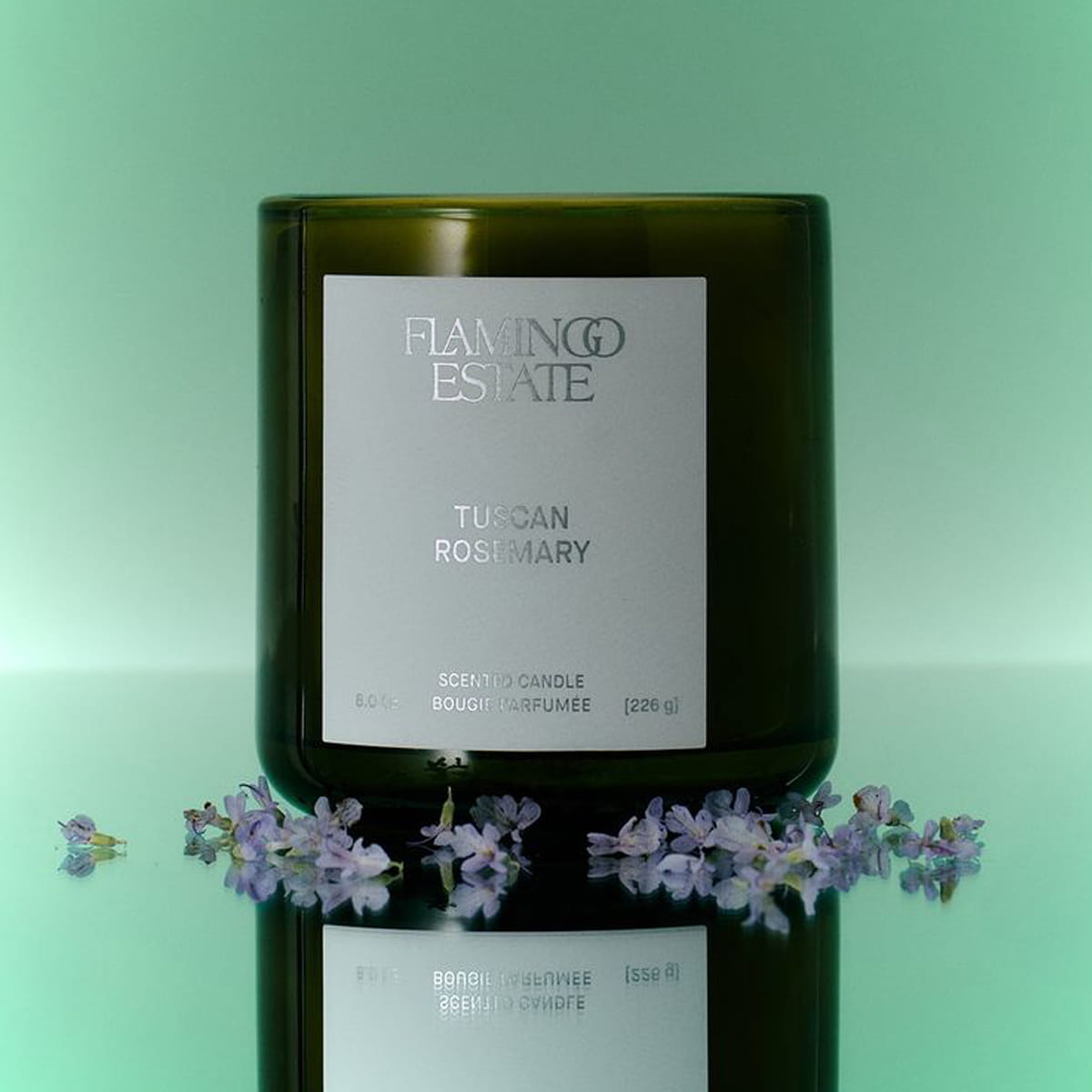 Lifestyle shot of Flamingo Estate Climbing Tuscan Rosemary Candle (226 g) with small purple flowers in the foreground against a green background